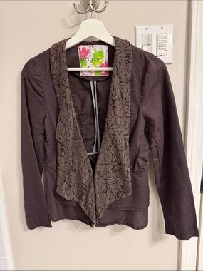 Free People Taupe Lace-Trim Open Front Jacket